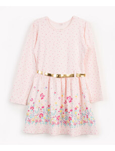C&A vestido de algodão infantil floral manga longa com cinto rosa