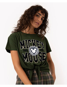 C&A camiseta de algodão manga curta com amarração mickey mouse verde militar