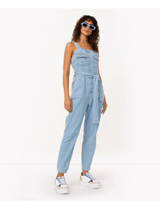 C&A jardineira jeans longa bolsos azul médio