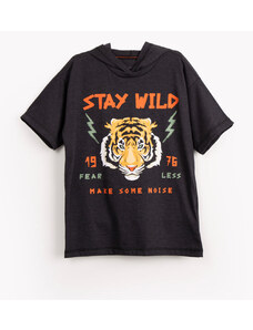 C&A camiseta infantil de algodão tigre com capuz manga curta cinza escuro