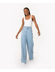 C&A calça jeans wide leg cintura super alta com bolsos azul claro