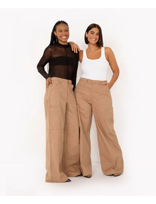 C&A calça de sarja pantalona cintura alta com bolsos bege claro