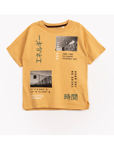 C&A camiseta infantil de algodão kanji fotos manga curta amarela