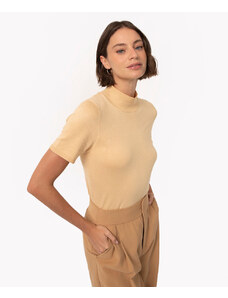 C&A blusa de tricot viscose gola alta manga curta bege