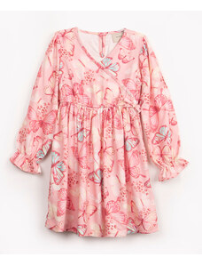 C&A vestido infantil de viscose borboletas com transpasse manga longa rosa