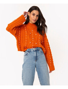 C&A suéter de tricô com pérolas decote redondo laranja