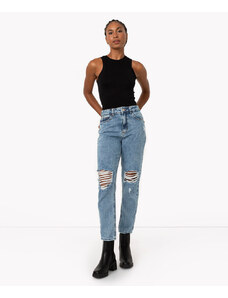 C&A calça jeans mom cintura super alta com rasgos e bolsos azul médio