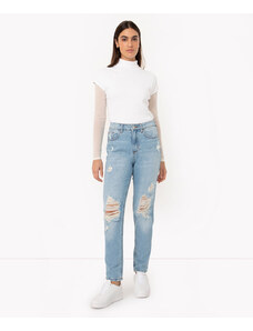 C&A calça jeans mom cintura super alta destroyed azul médio