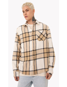 C&A camisa de algodão xadrez manga longa bege
