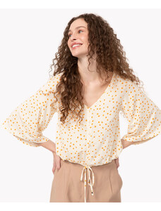 C&A blusa de viscose com amarração decote v poá off white