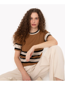 C&A blusa de tricot listrada manga curta marrom