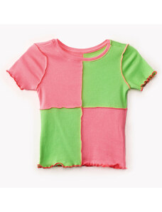 C&A blusa de algodão infantil canelada com recortes manga curta colorida