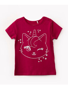 C&A camiseta de algodão infantil gatocornio com glitter manga curta rosa