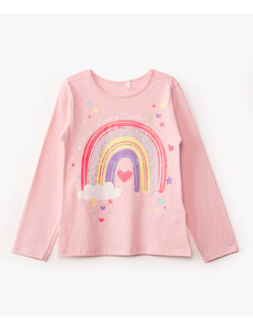 C&A blusa de algodão infantil arco íris glitter manga longa rosa