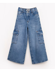 C&A calça jeans infantil wide bolso cargo azul claro marmorizado