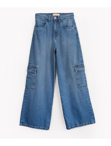 C&A calça jeans juvenil wide leg cargo azul escuro