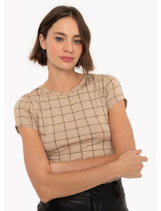 C&A blusa de viscose manga curta xadrez com botões bege