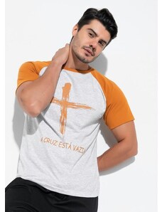 Moda Pop Camiseta Raglan Cinza e Caramelo com Estampa