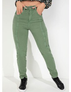 Sawary Jeans Calça Verde em Sarja com Bolso Cargo Sawary