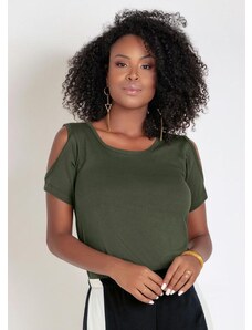 Moda Pop Blusa Verde Militar com Recortes nos Ombros