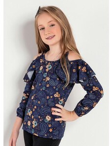 Queima Estoque Blusa Infantil Azul Floral com Ombros Vazados