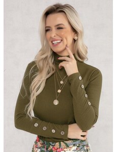 Moda Pop Blusa com Botões Decorativos Verde Musgo