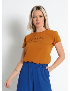 Moda Pop Blusa T-Shirt Caramelo com Estampa Frontal