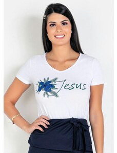 Rosalie T-Shirt com Estampa Frontal e Decote V Branca