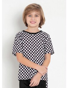 Queima Estoque Camiseta Infantil Xadrez Preto com Mangas Curtas