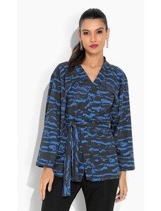 Moda Pop Casaco Camuflada Azul com Amarração e Transpasse
