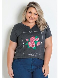 Marguerite T-Shirt Mescla Chumbo com Estampa Floral