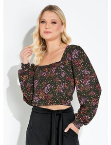 Moda Pop Blusa Mini Floral com Decote Quadrado