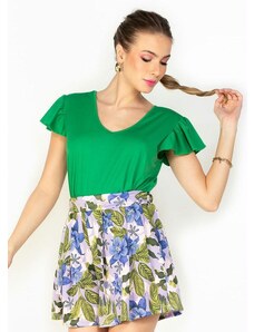 Moda Pop Blusa Verde com Babado na Cava e Decote V