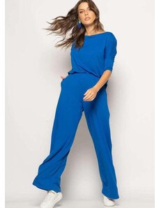 Salvatore Fashion Conjunto Blusa Canoa 3/4 e Wide Leg Malha Azul