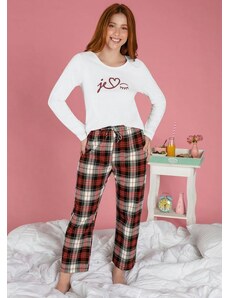 Alma Dolce Pijama Longo com Estampa Frontal Branco e Xadrez