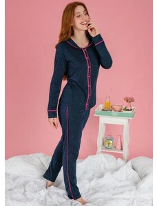 Alma Dolce Pijama Longo Marinho e Pink com Botões