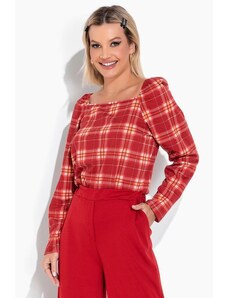 Moda Pop Blusa Xadrez Vermelho com Decote Quadrado