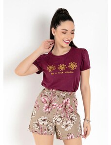 Moda Pop Blusa T-Shirt Bordô com Estampa Frontal