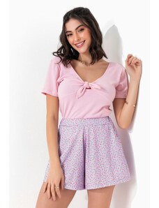 Moda Pop Blusa Rosa com Decote para Amarração