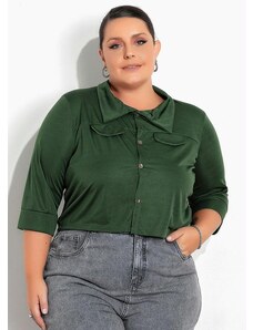 Marguerite Camisa Plus Size Verde Militar com Lapelas