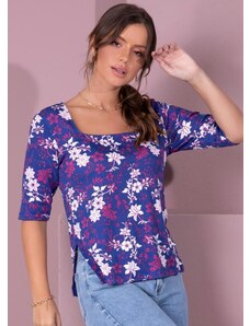 Quintess Blusa Floral Marinho com Decote Quadrado