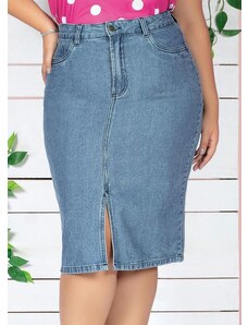 Saia Jeans Feminina Midi com Fenda