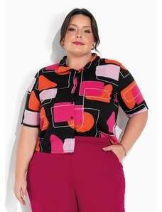 Marguerite Camisa Geométrica Preta com Botões Plus Size