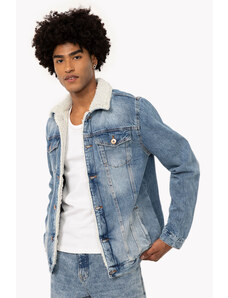 C&A jaqueta trucker jeans com gola sherpa azul médio