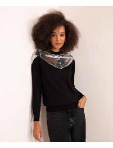 C&A blusa de tricô manga longa decote redondo com paetê mindset preto