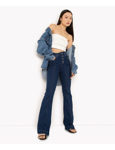C&A calça jeans flare cintura alta com recortes azul escuro