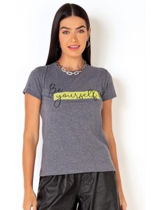 Moda Pop T-Shirt Mescla com Mangas Curtas e Estampa Neon