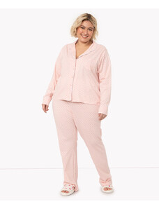 C&A pijama americano de algodão plus size poá manga longa rosa claro