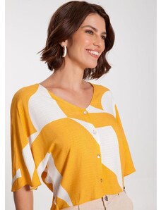 Lunender Camisa Manga Curta em Viscose Estampada Amarelo