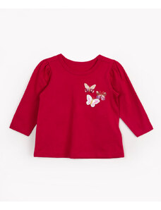 C&A blusa de algodão infantil borboletas com paetê manga longa bufante vinho